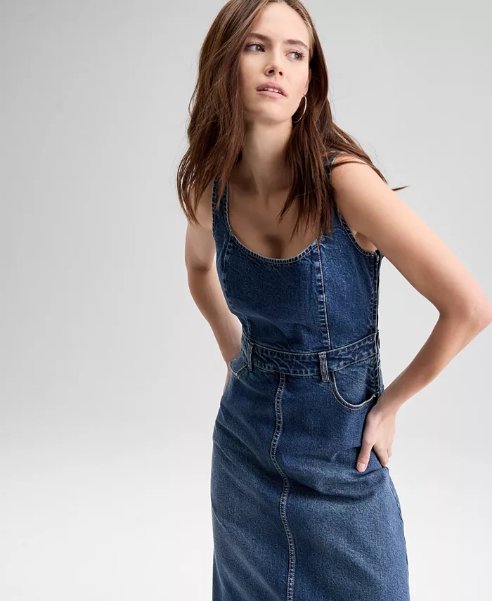 Women's Sleeveless Denim Midi Dress - thumbnail 2