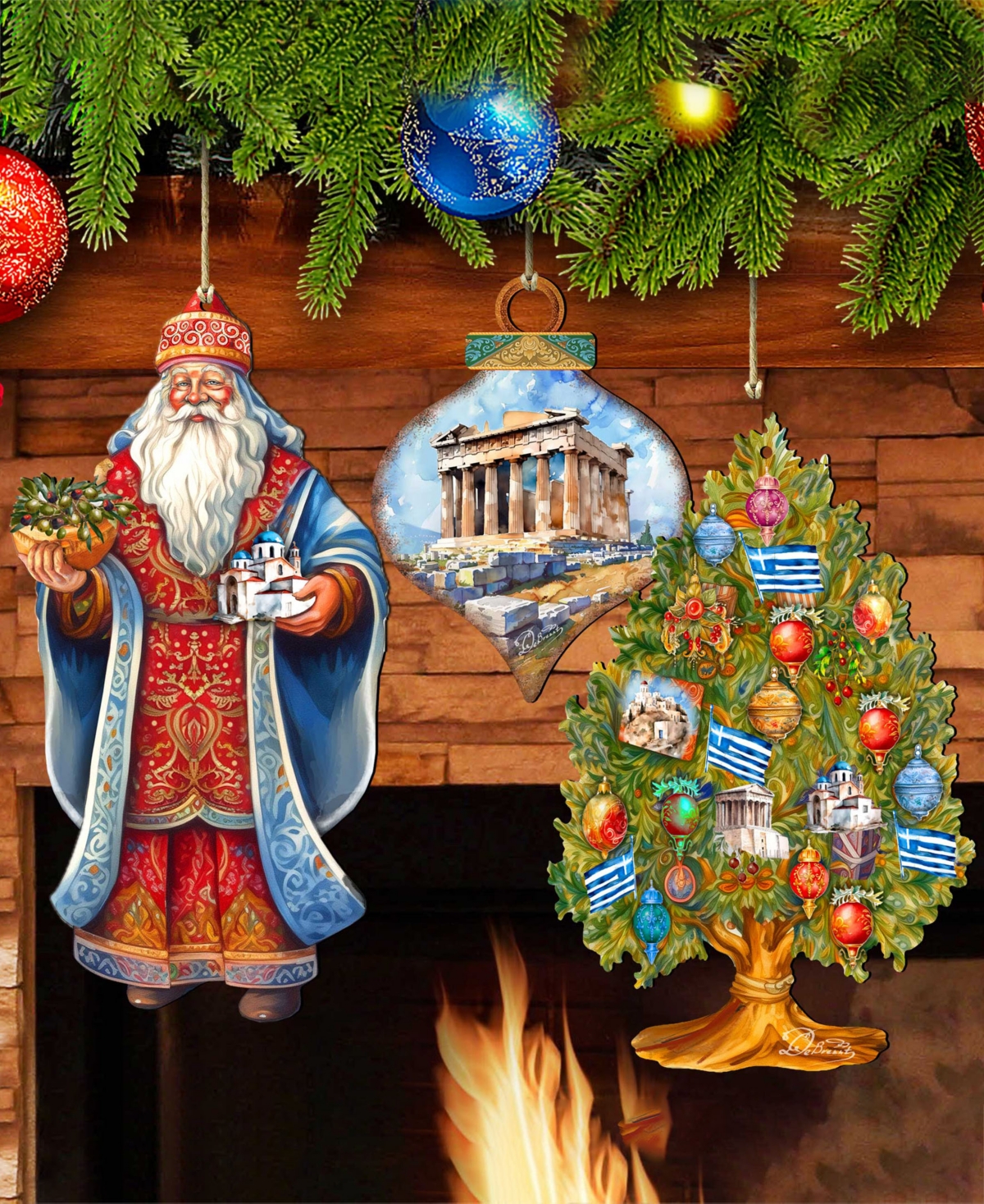 Designocracy Greece Inspired Santa Ornaments, Set Of 3 In Multi