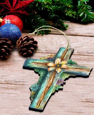 Holiday Teal Cross Wooden Ornament