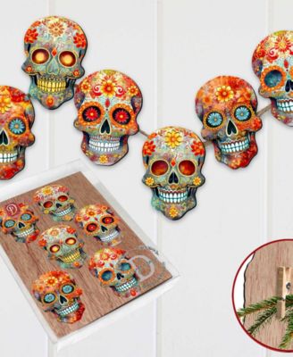 Sugar Skulls Wooden Clip-on Ornaments, Set of 6