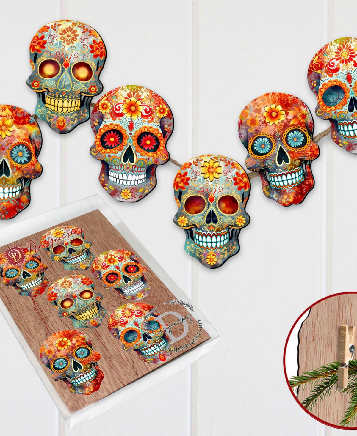 Designocracy Sugar Skulls Wood Clip-on Ornaments, Set Of 6 In Multi