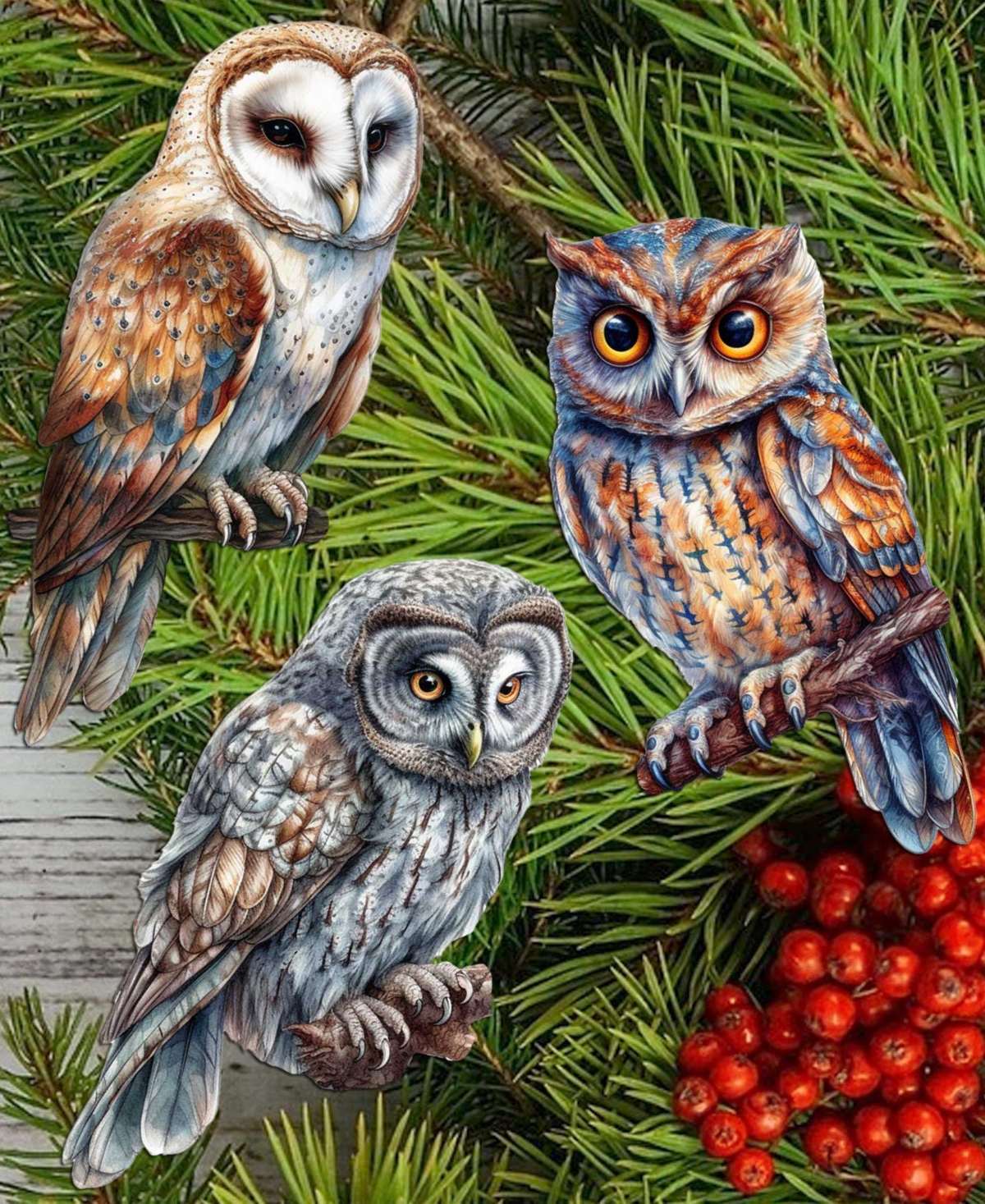 Designocracy Night Owls Wood Clip-on Ornaments, Set of 3