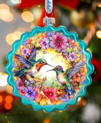 Hummingbirds Wreath Glass Christmas Ornament