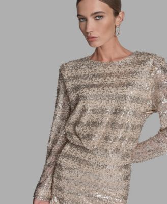 Women's Sequin Detail Striped Boat Neck Dress