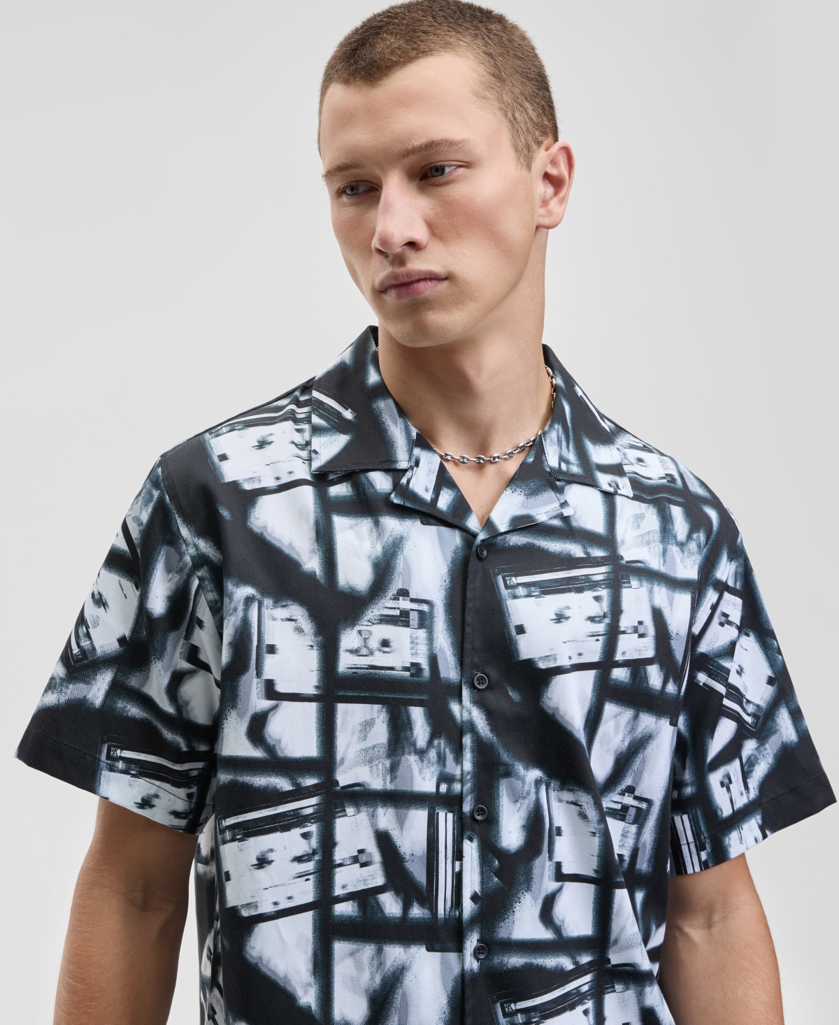 Mode of One Men's Relaxed Fit Short Sleeve Abstract Print Button-Front Camp Shirt, Macy's Exclusive
