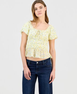 Juniors' Floral Print Short Sleeve Woven Top