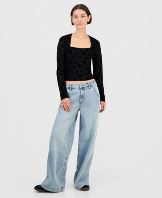 Juniors' Flocked Long-Sleeve Square-Neck Top