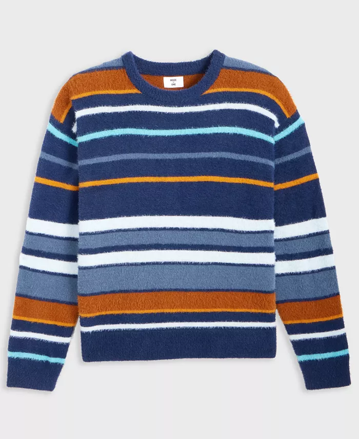 Men's Relaxed Fit Long Sleeve Fuzzy Striped Crewneck Sweater - thumbnail 2