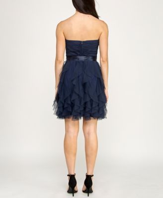 Juniors' Strapless Mesh Ruffle Dress