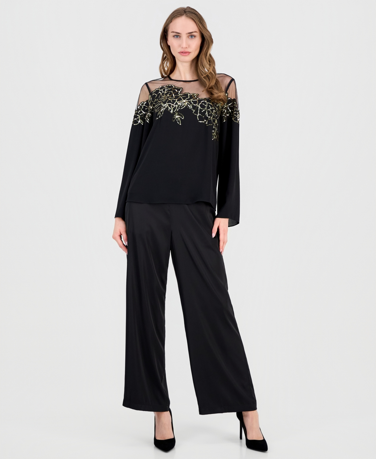 T Tahari Women's Crewneck Floral Illusion Blouse In Black