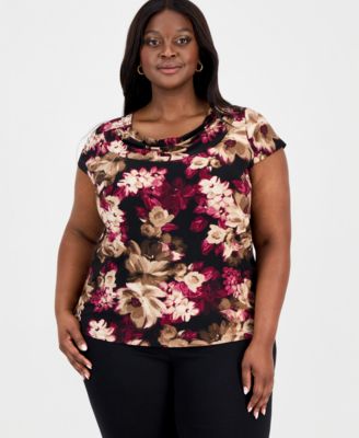 Kasper - Plus Size Printed Cowlneck Blouse