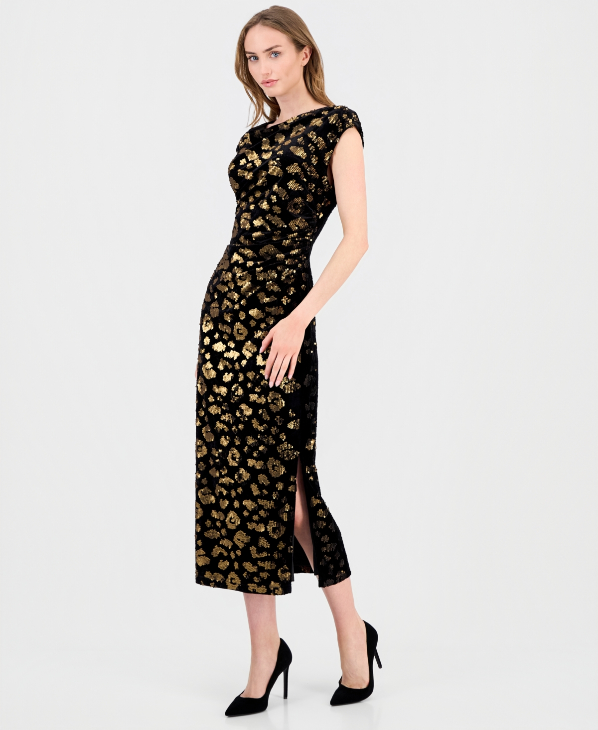 T Tahari Women's Cowl-Neck Side-Slit Sequin Midi Dress
