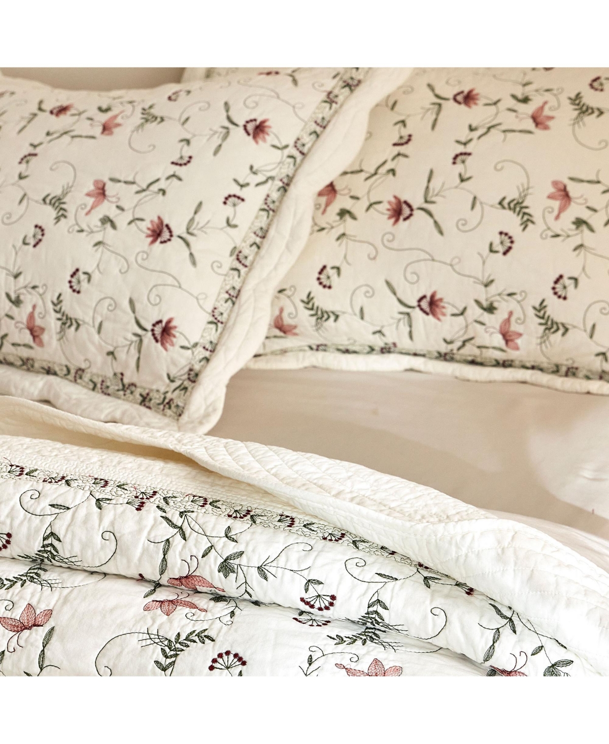 MarCielo 3Pcs 100% Cotton Embroidery Delicate Floral Quilt Bedspread Set King