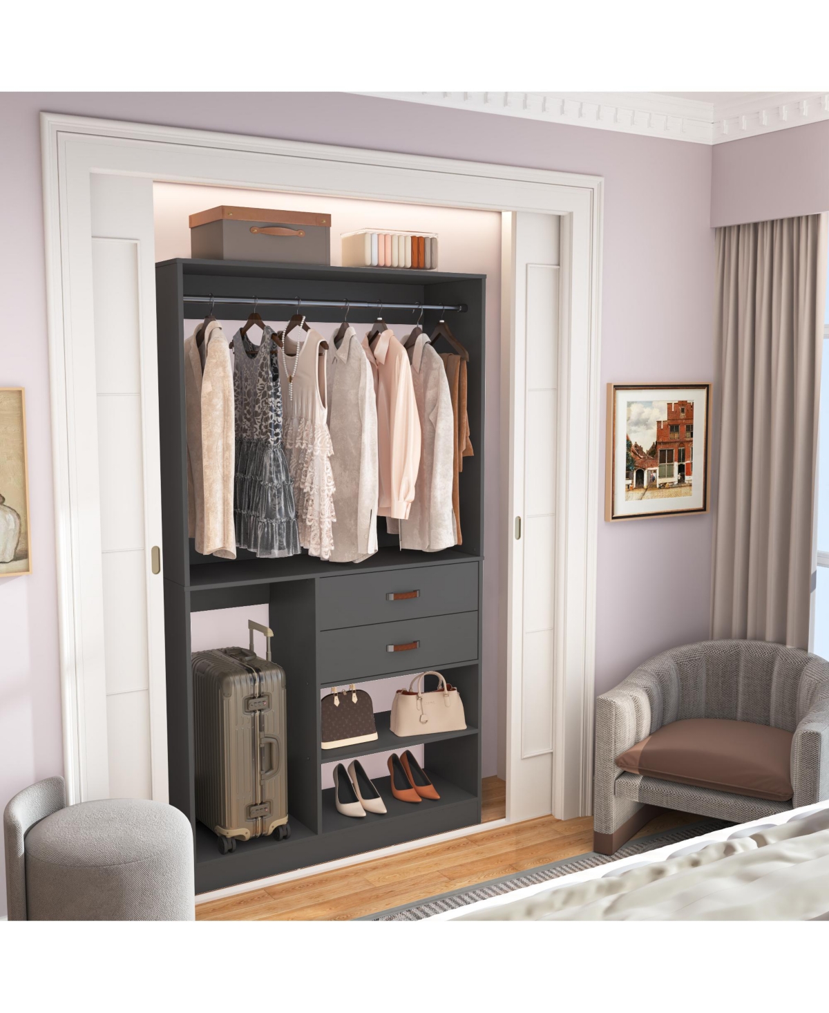 8FT Walk Closet Organizer with 3 Shelving Towers, Heavy Duty Clothes Rack Drawers