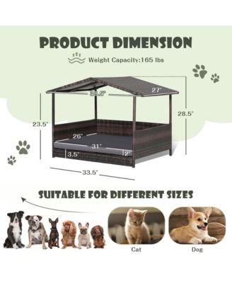 Wicker Dog House w/ Cushion Lounge Raised Rattan Bed for Indoor/Outdoo
