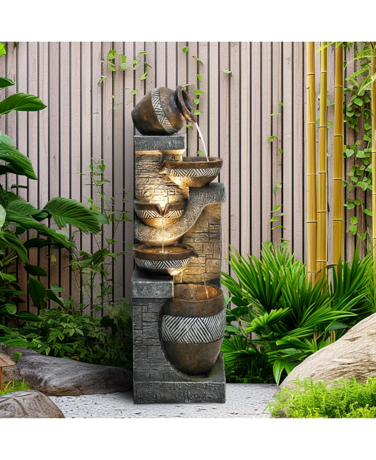 SunJet 5-Tiers Indoor/Outdoor Garden Water Fountain - 42.5inches Modern Floor-Standing Cascading Water Feature