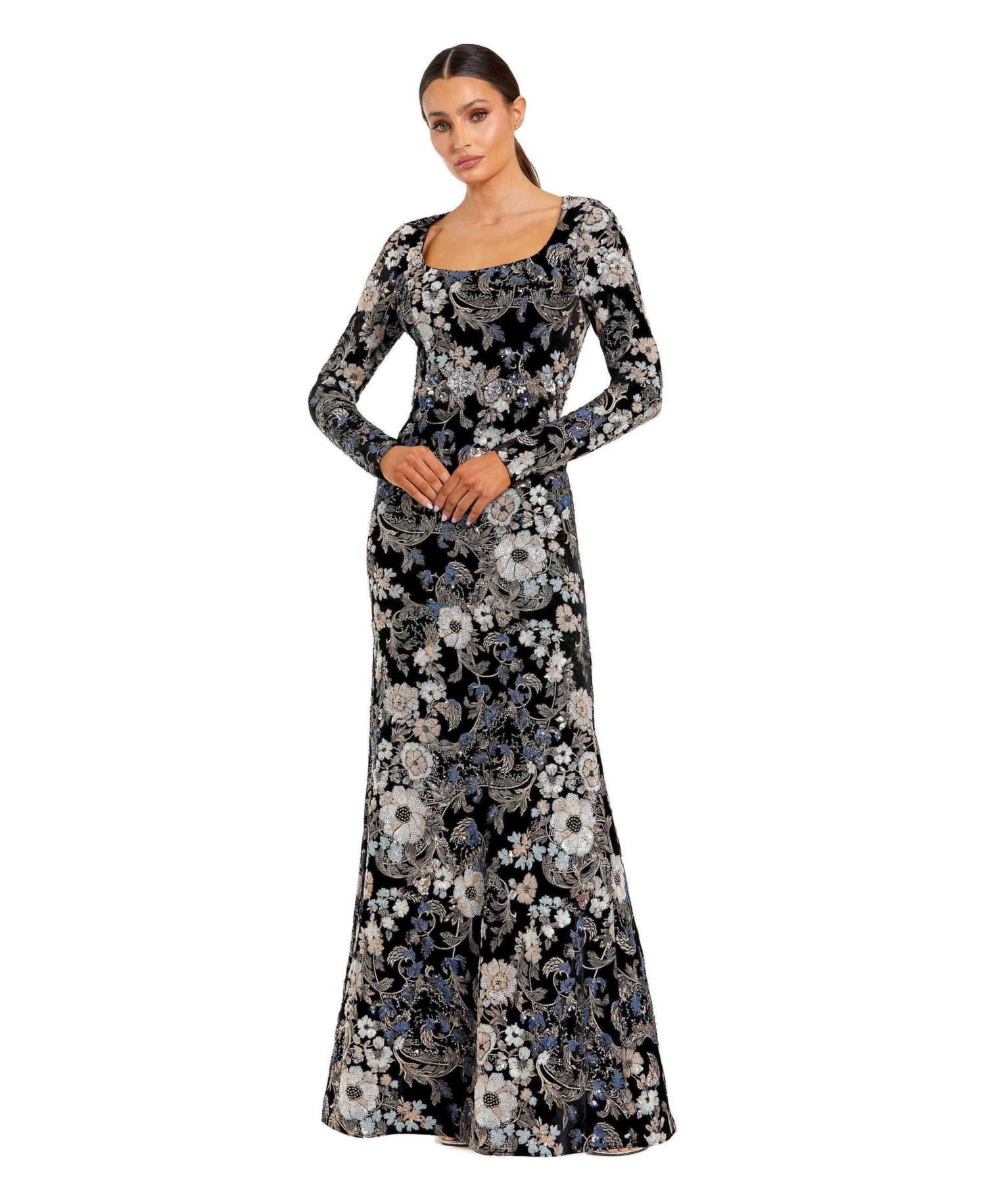 Women's Embroidered Velvet Long Sleeve Scoop Neck Gown