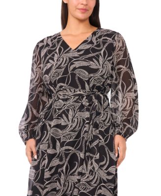 Plus Size Tropical Print Long Sleeve Maxi Dress