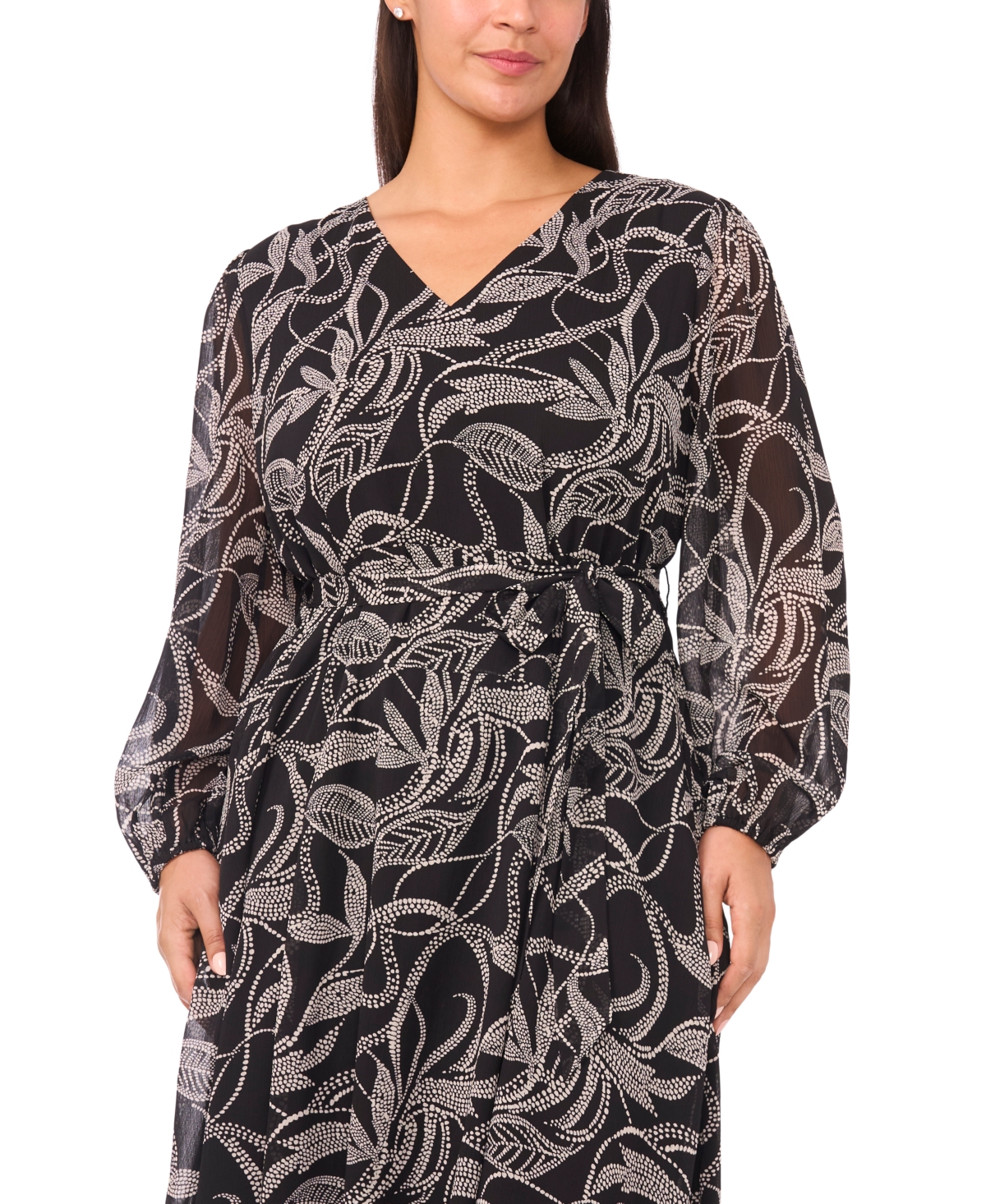 Msk Plus Size Tropical Print Long Sleeves Maxi Dress In Black