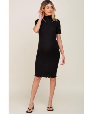 Maternity Black Ribbed Mock Neck Fitted Midi Dress