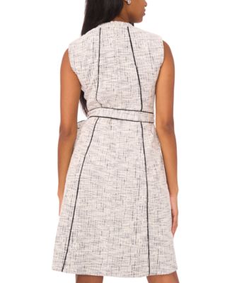 Petite Short Sleeves Belted Tweed Midi Dress