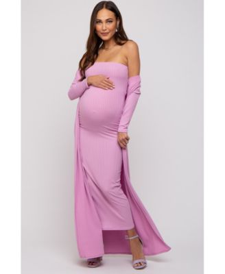 Pink Ribbed Sleeveless Dress Cardigan Maternity Set