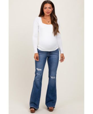 Maternity Navy Blue Distressed Flare Jeans
