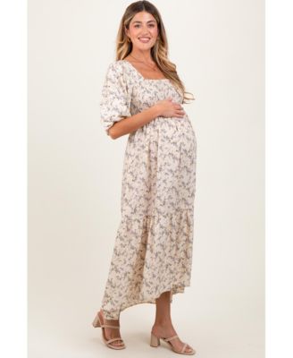 Maternity Ivory Floral Smocked Hi-Low Puff Sleeve Maxi Dress