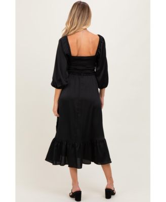 Maternity Black Satin Smocked Cinched Bust Midi Dress