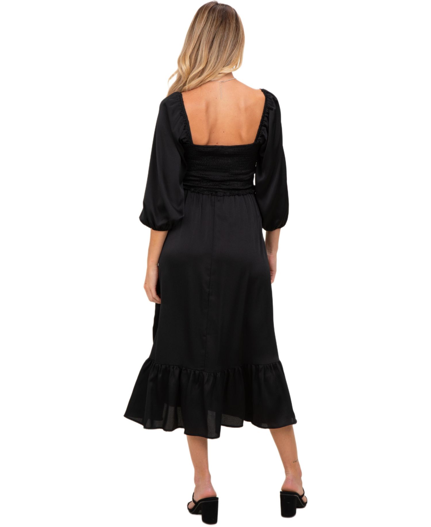 Women's Black Satin Smocked Cinched Bust Midi Dress