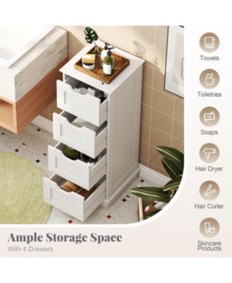 4-Drawer Bathroom Cabinet w/Cut-out Handles Anti-toppling Device Narrow Entryway