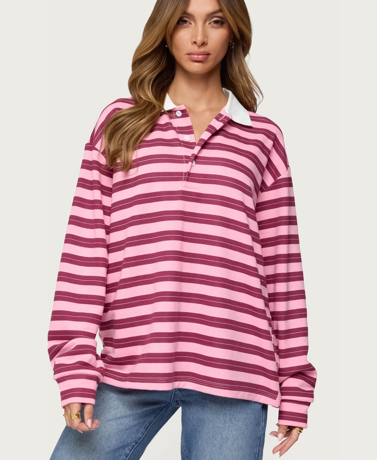 Edikted Womens Maureen Striped Polo Sweatshirt
