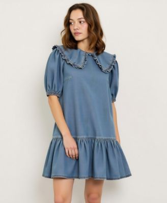 Women's Ruffled Collar Short Dress with Puff Sleeves and Tiered Hem
