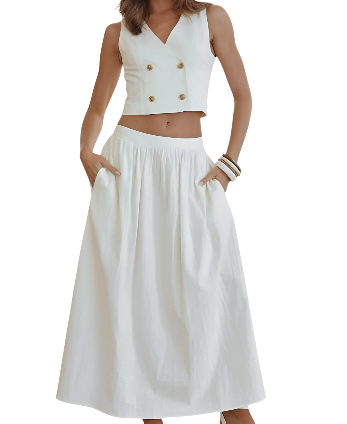 Modenaire Women's Double Breasted Vest And Maxi Skirt Two-Piece Set