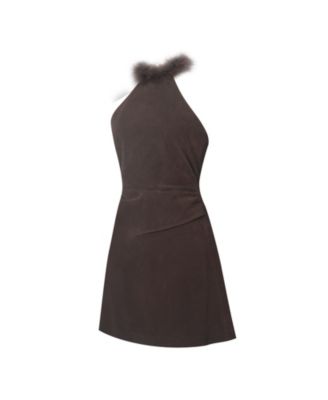 Women's Yael Espresso Suede Faux Fur Halter Mini Dress