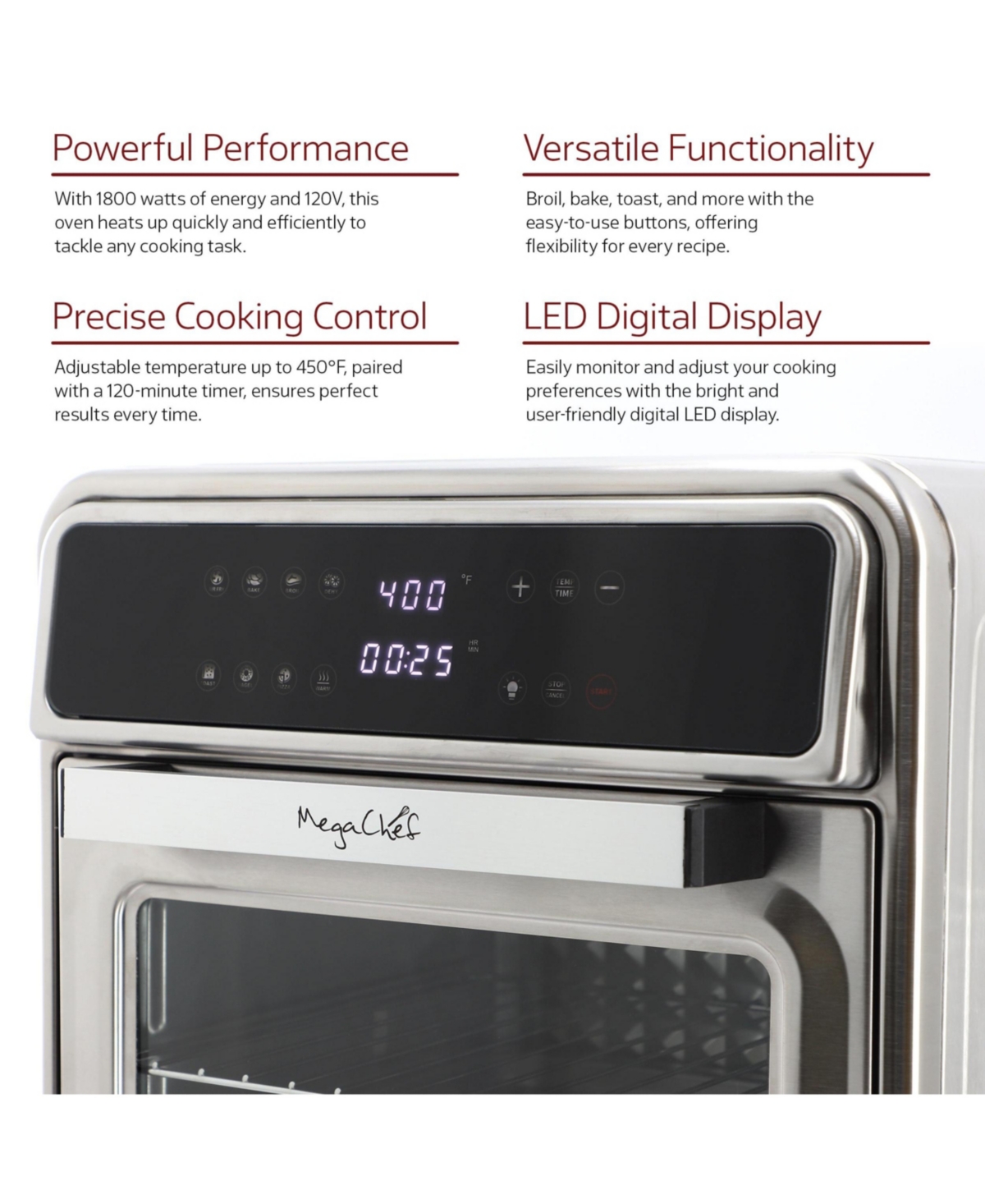 MegaChef 21.13 Quart Stainless Steel Digital Electric Multi-Function Air Fryer and Counter Top Oven in Silver