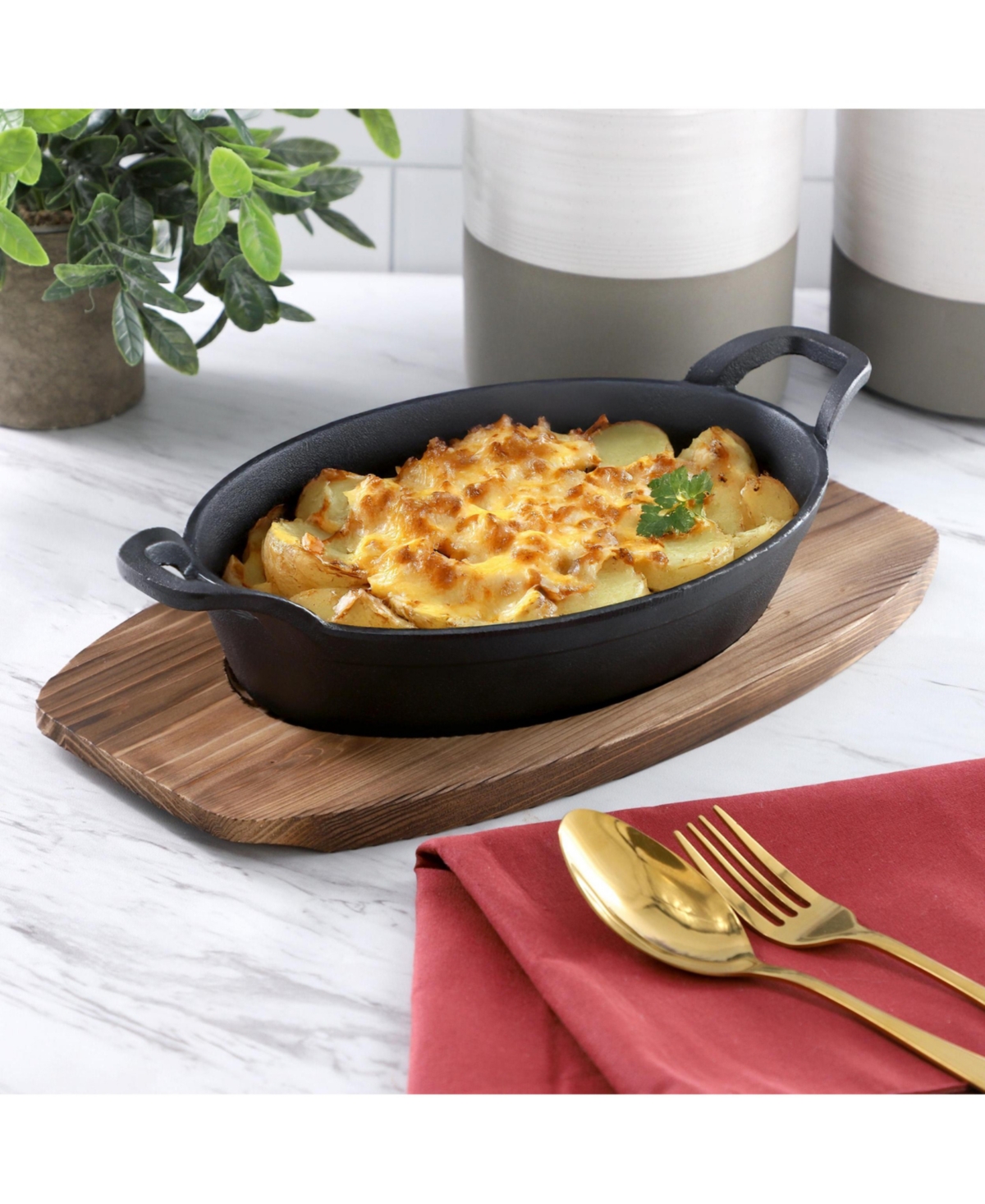MegaChef Piece Mini Cast Iron Oval Pan with Wood Tray Set
