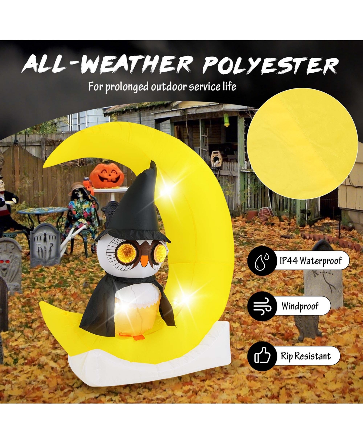 4.3 x 5.1 ft Inflatable Owl on Moon Led Lighted Halloween Decoration w/ Large Moon & Wizard Owl w/ Stakes & Sandbags