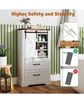 Farmhouse Bathroom Floor Cabinet w/Sliding Door Adjustable Shelves & 2 Drawers