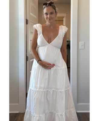 Maternity White Ruffle Trim Maxi Dress