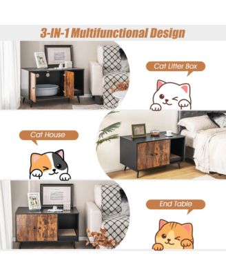Cat Litter Box Enclosure w/ Cat Litter Catch Indoor Cat Cabinet for Living Room