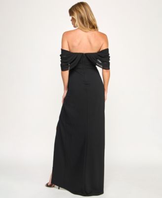 Juniors' Off-The- Shoulder Drape Long Gown