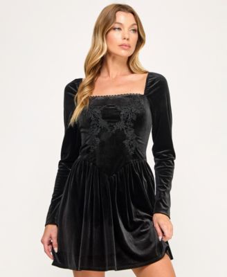 Juniors' Velvet Drop Waist Embroidered Dress
