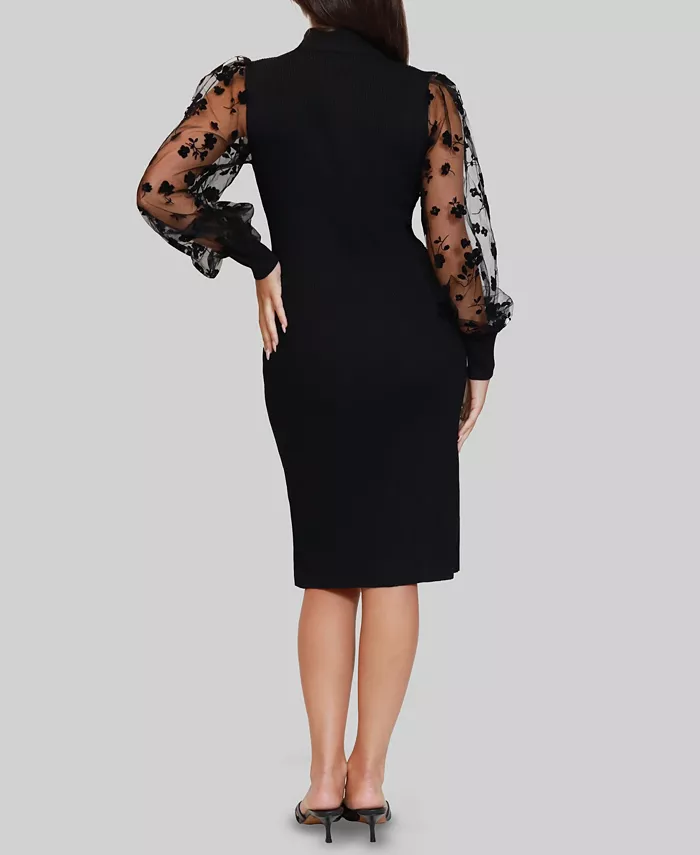 Junior's Flocked Flower Mock Neck Sweater Dress - thumbnail 4