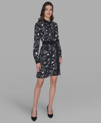 Women's Printed Silky Crepe Belted Shirt Dress
