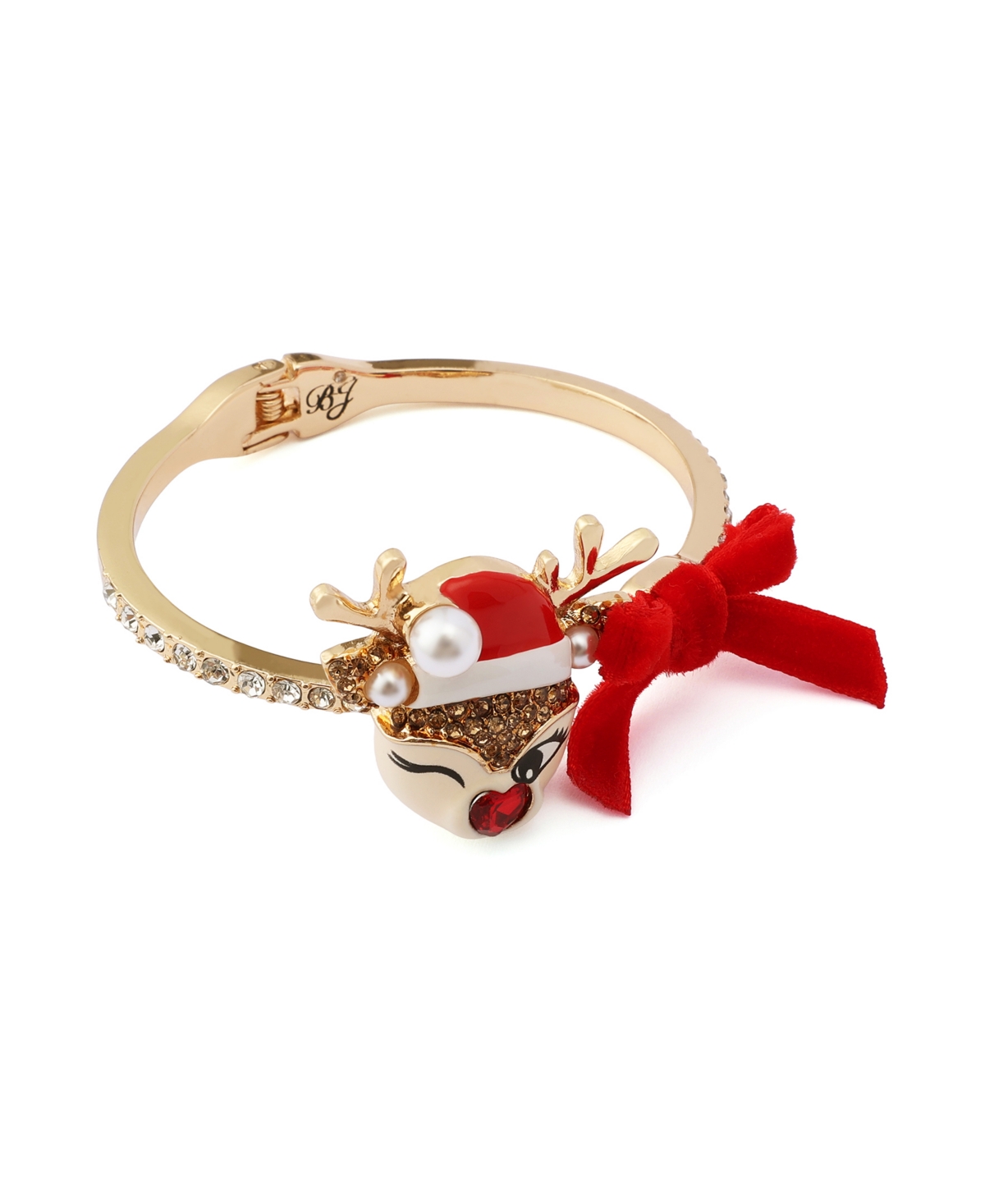 Betsey Johnson Faux Stone Santa Baby Reindeer Bow Bangle Bracelet In Gold