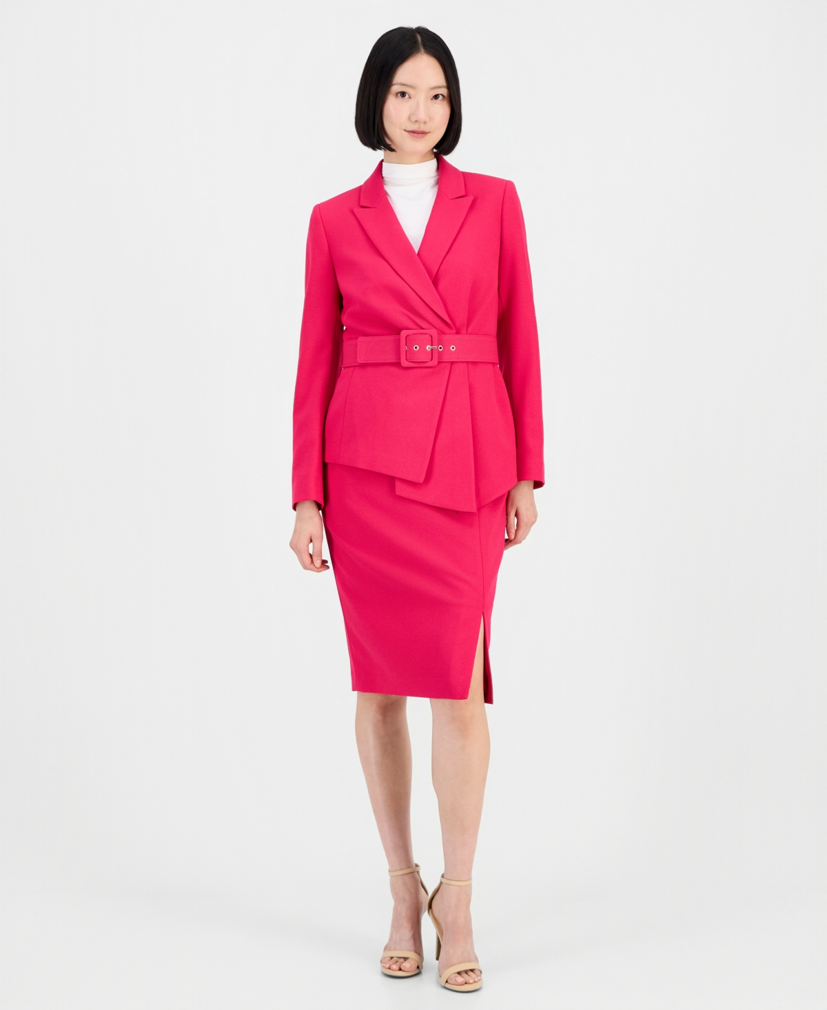 Tahari Asl Women's Asymmetrical Belted Jacket & Pencil Skirt Suit Set In Pink