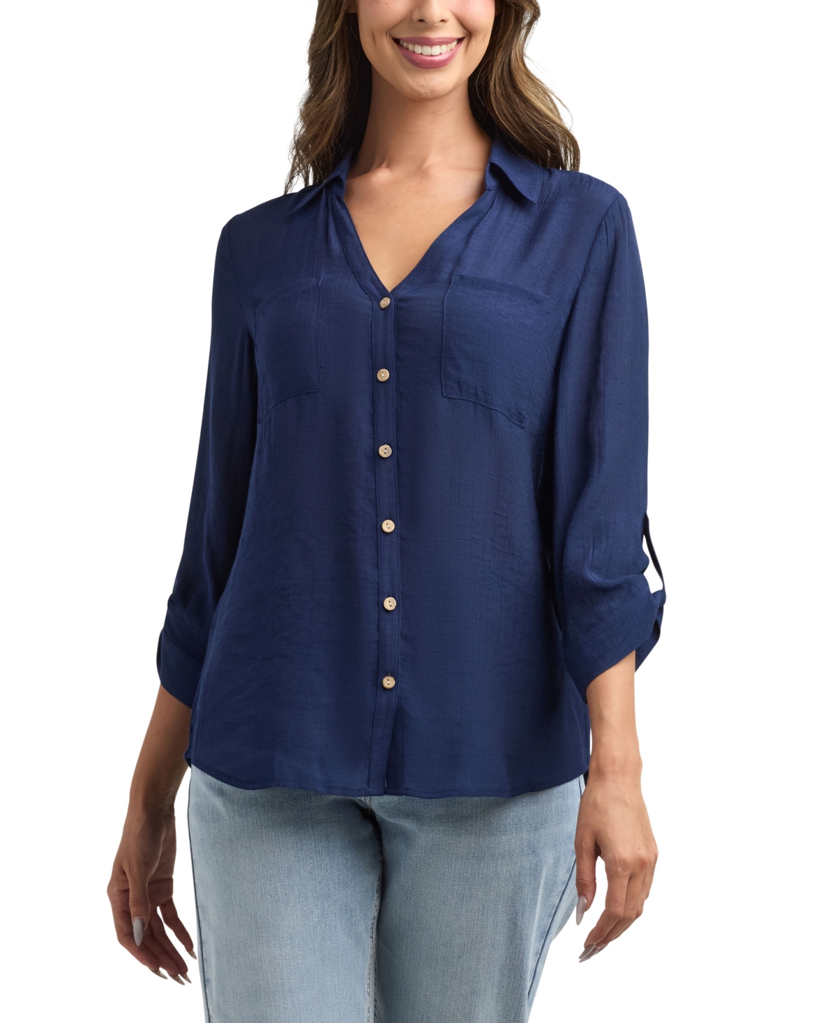 Bcx Women's Resort Gauzy Texture Collared Button Up Shirt