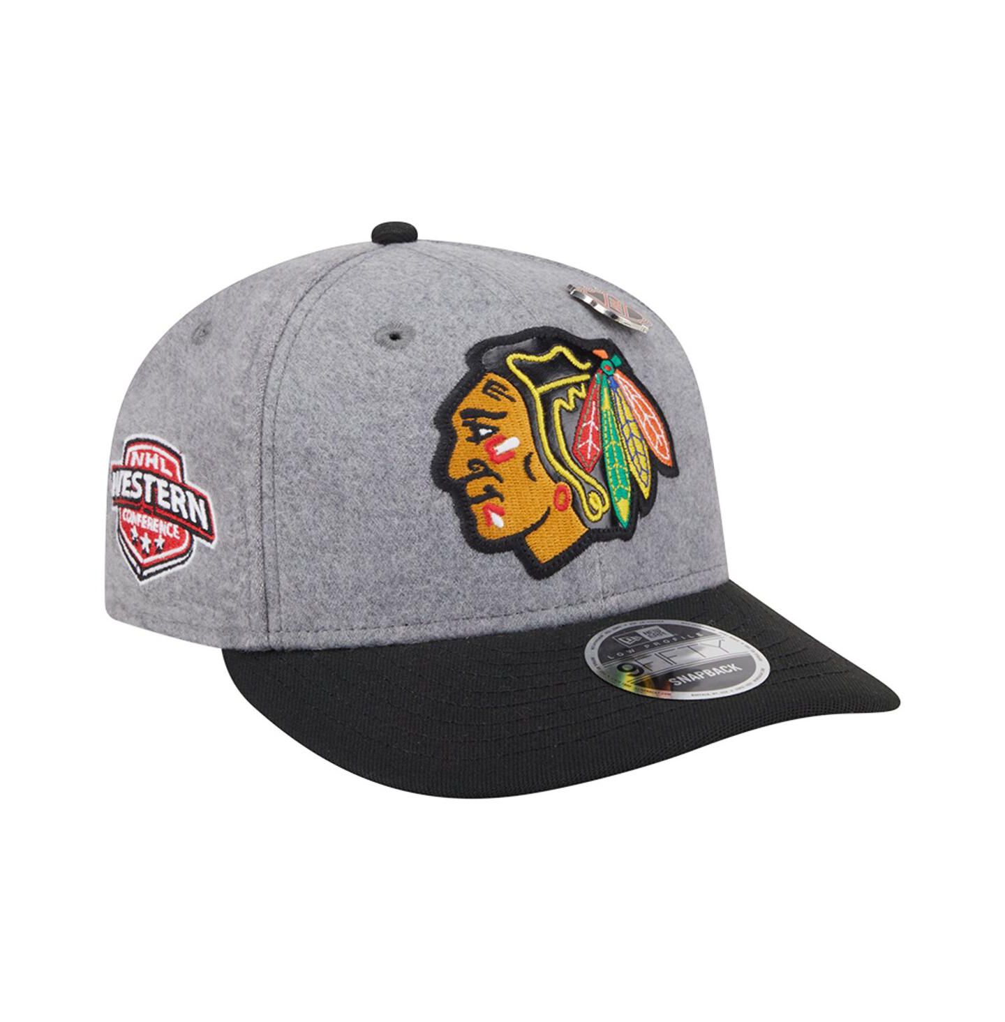 Мужская кепка New Era Gray/Black Chicago Blackhawks Wool Pin Low Profile 9FIFTY Snapback Hat — фото 1