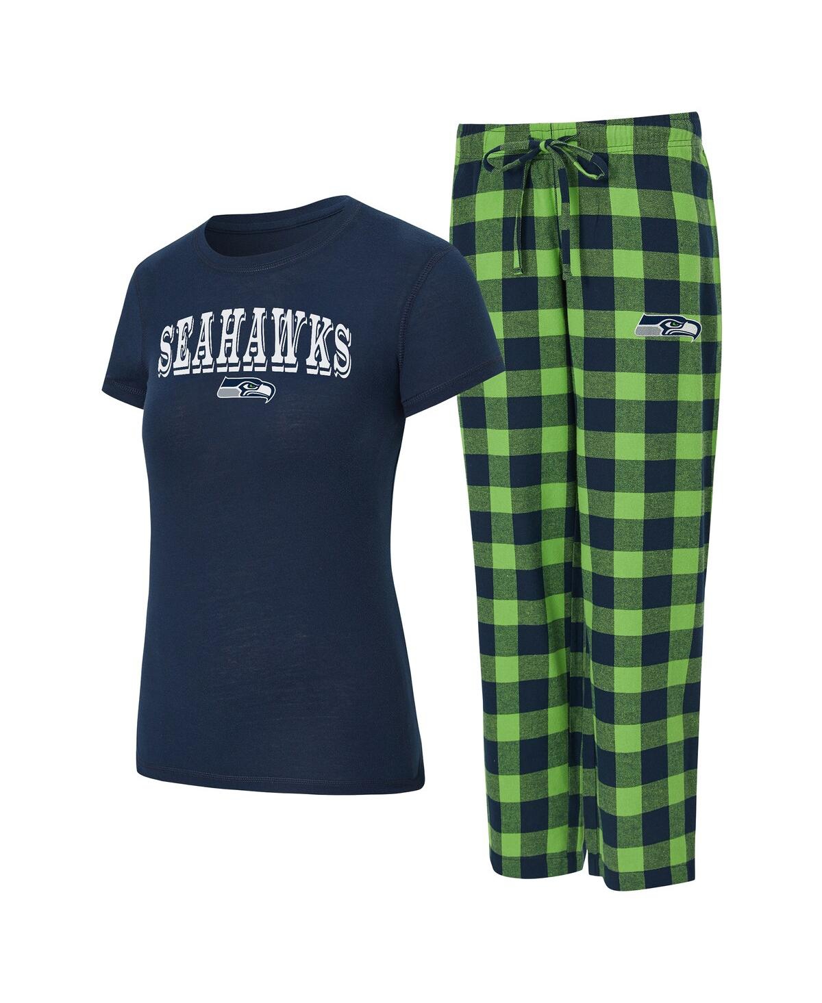 Concepts Sport Women'sâ 2-piece College Navy/neon Green Seattle Seahawks Avondale T-shirt And Pants Flannel Pj Set In Multi